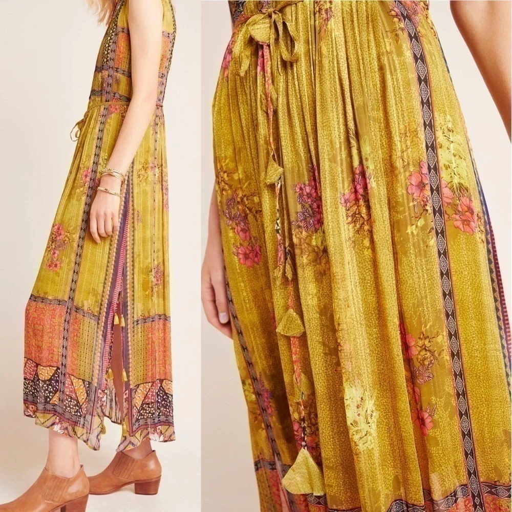 SOLD Anthropologie Citron Maxi Dress Bhanuni by Jyoti with Tassels, Size XS - Picture 4 of 16
